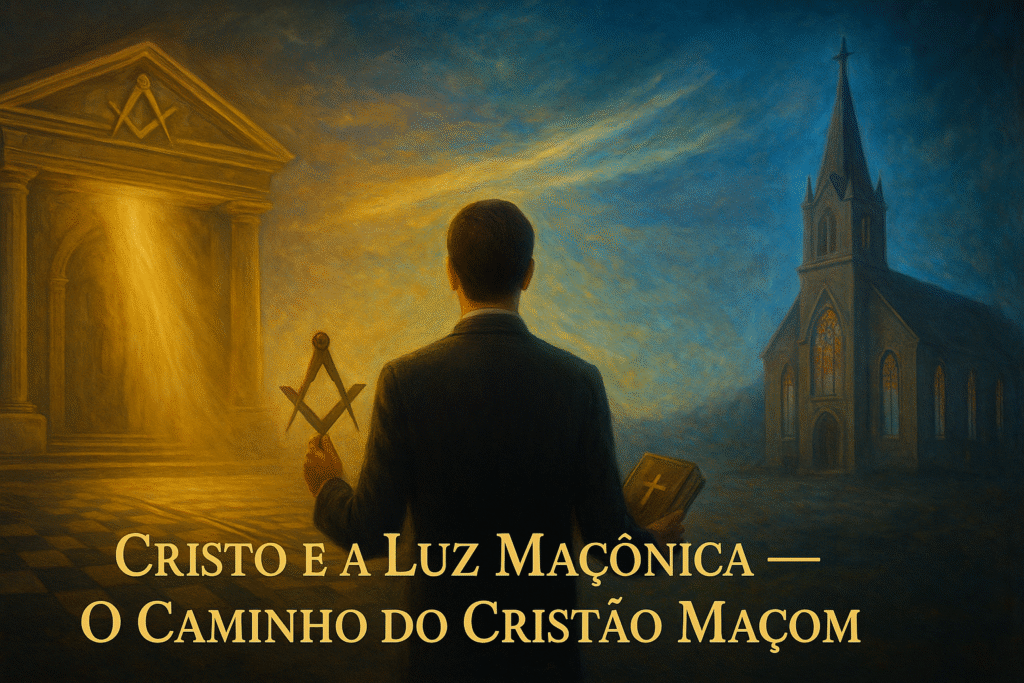 Homem cristão e maçom entre templo e igreja, simbolizando harmonia entre fé e Maçonaria.