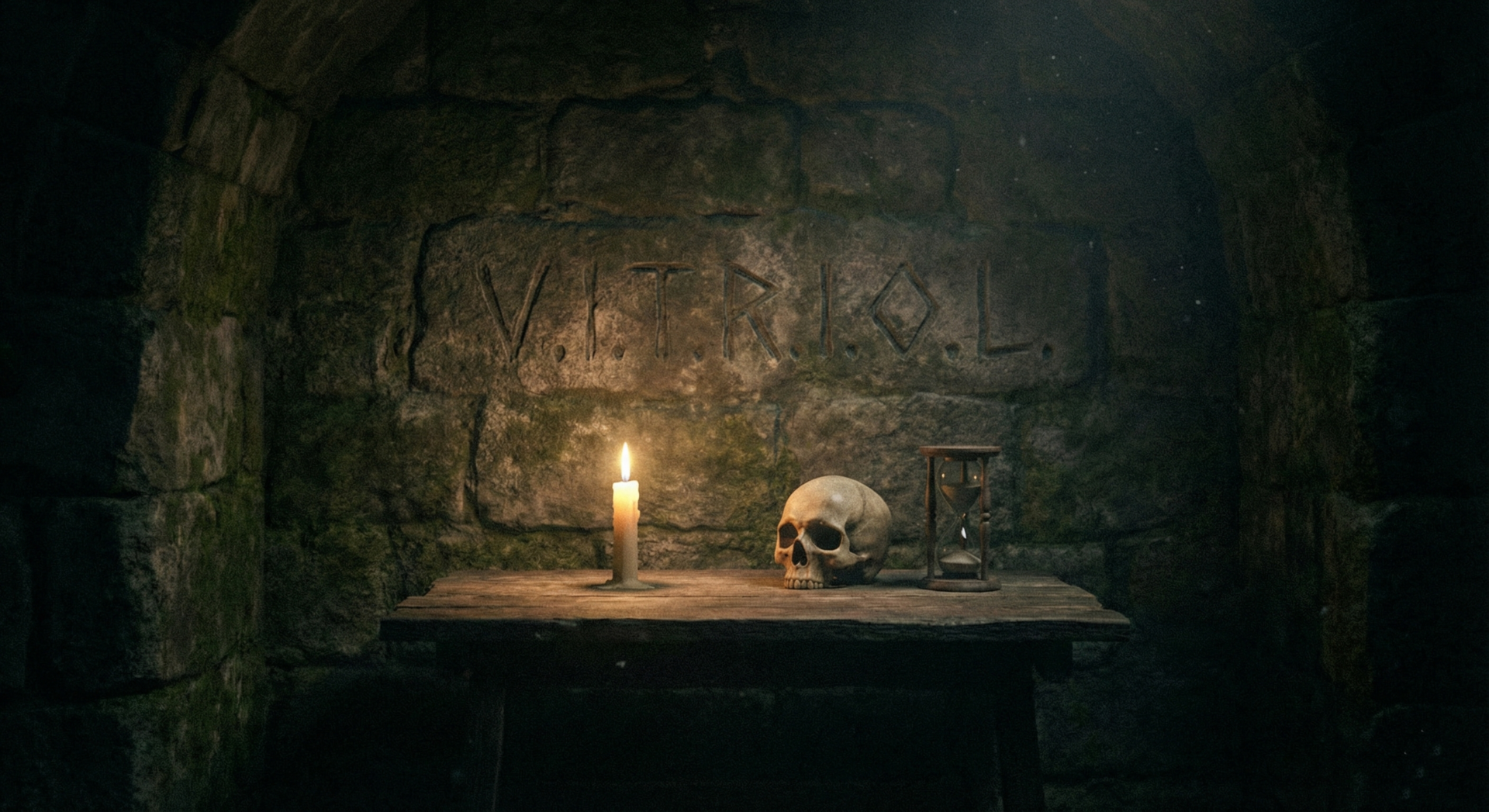 Interior sombrio de uma cripta representando a Câmara de Reflexões maçônica, com a sigla V.I.T.R.I.O.L. gravada na parede de pedra, iluminada por uma vela, ao lado de um crânio humano e uma ampulheta.