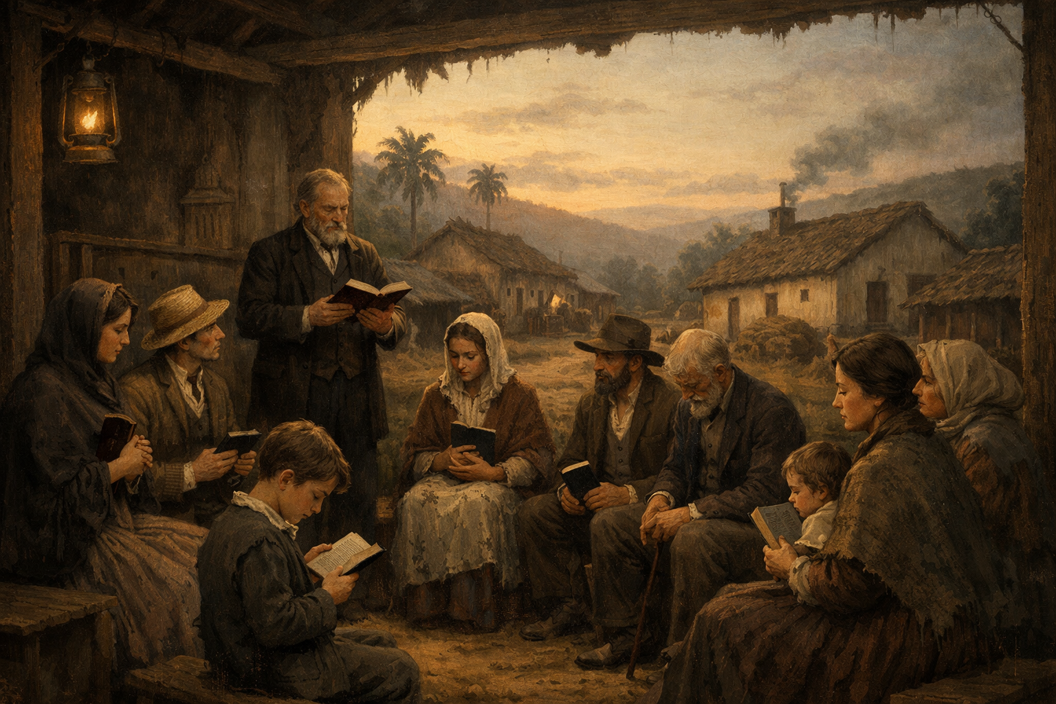 Comunidade protestante no Brasil do século XIX reunida discretamente em área rural paulista, com colonos segurando Bíblias em um ambiente de fé e resistência.