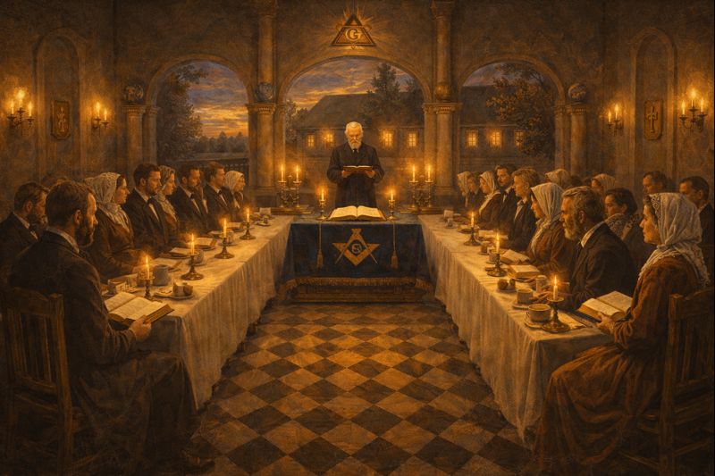 Culto evangélico realizado no salão de banquetes de uma loja maçônica no século XIX, com homens e mulheres reunidos de forma respeitosa ao redor de uma Bíblia aberta, simbolizando fraternidade e tolerância religiosa.
