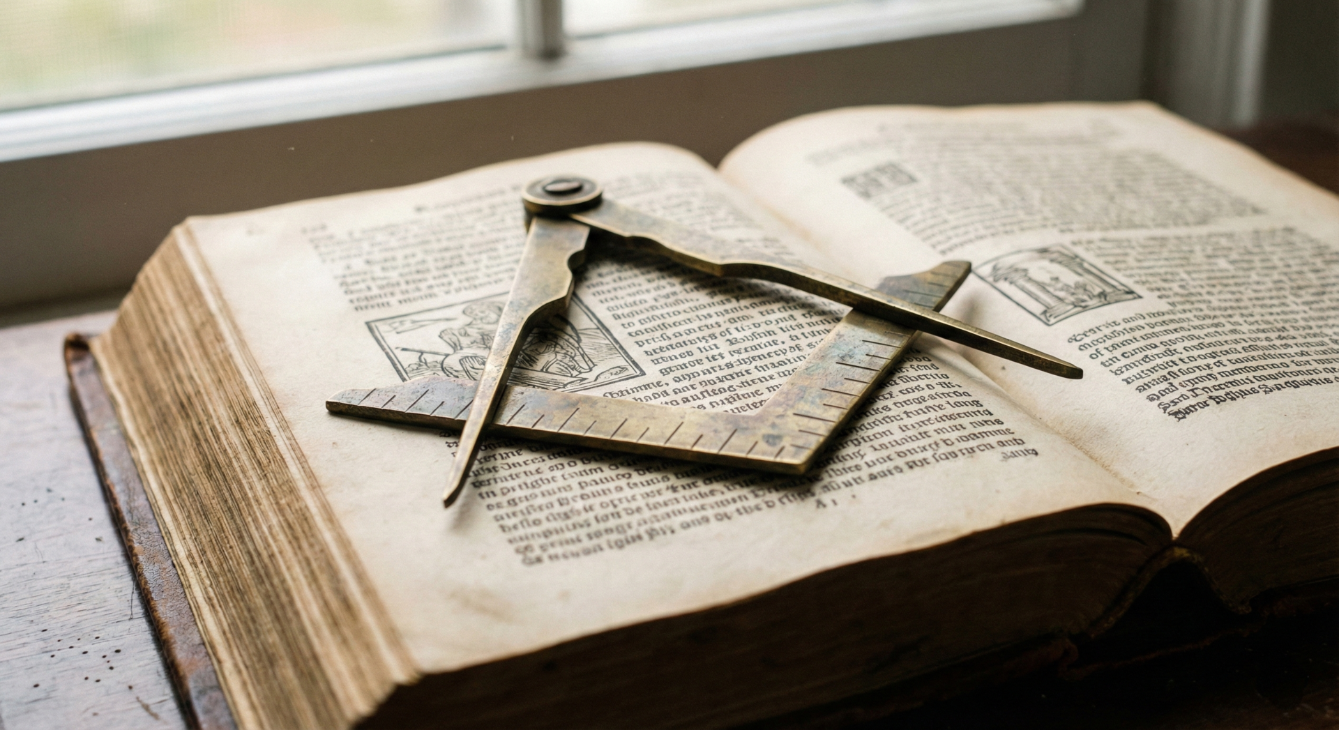 Fotografia em close-up de um esquadro e um compasso maçônicos de latão envelhecido, entrelaçados e repousando sobre um livro antigo e volumoso aberto, simbolizando a retidão moral e a medida espiritual.