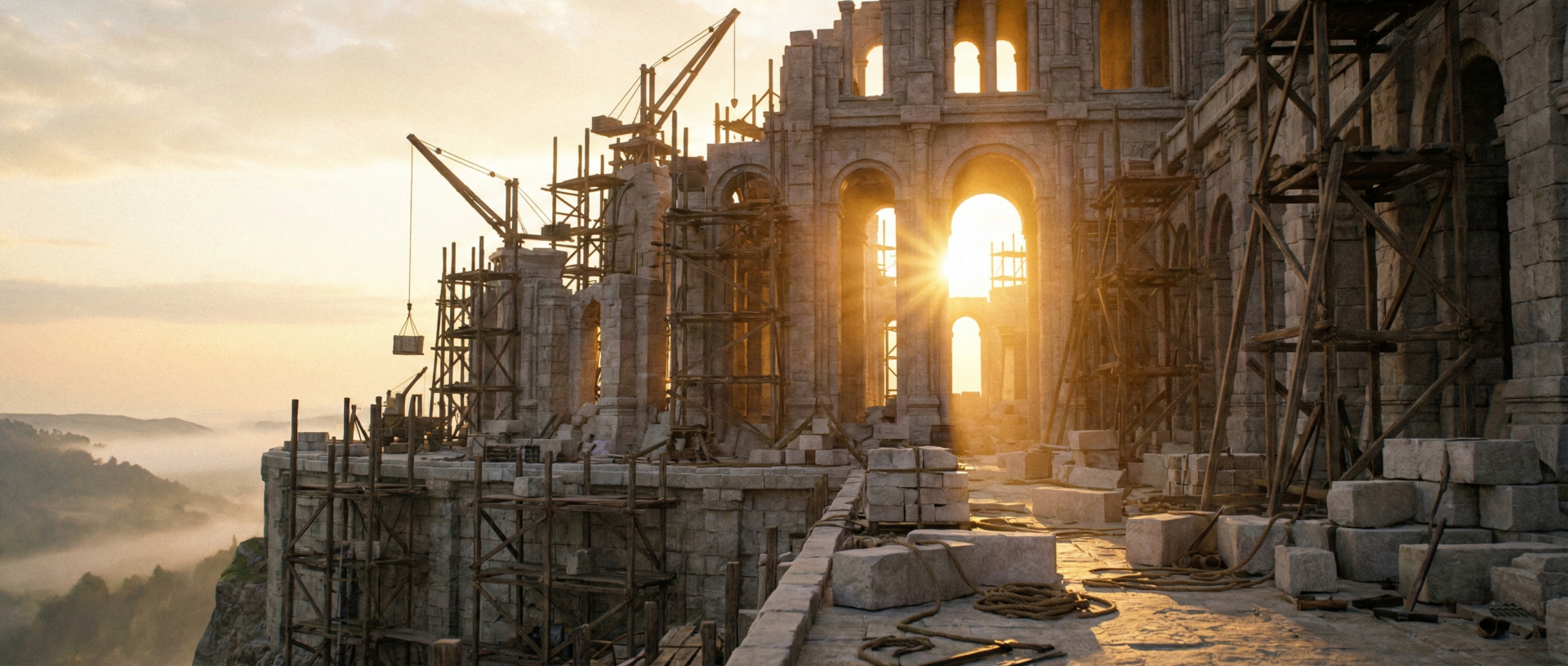 Paisagem cinematográfica de um magnífico templo de pedra cercado por andaimes de madeira antigos durante o amanhecer, sem trabalhadores visíveis, simbolizando a obra eterna e inacabada do aperfeiçoamento humano.