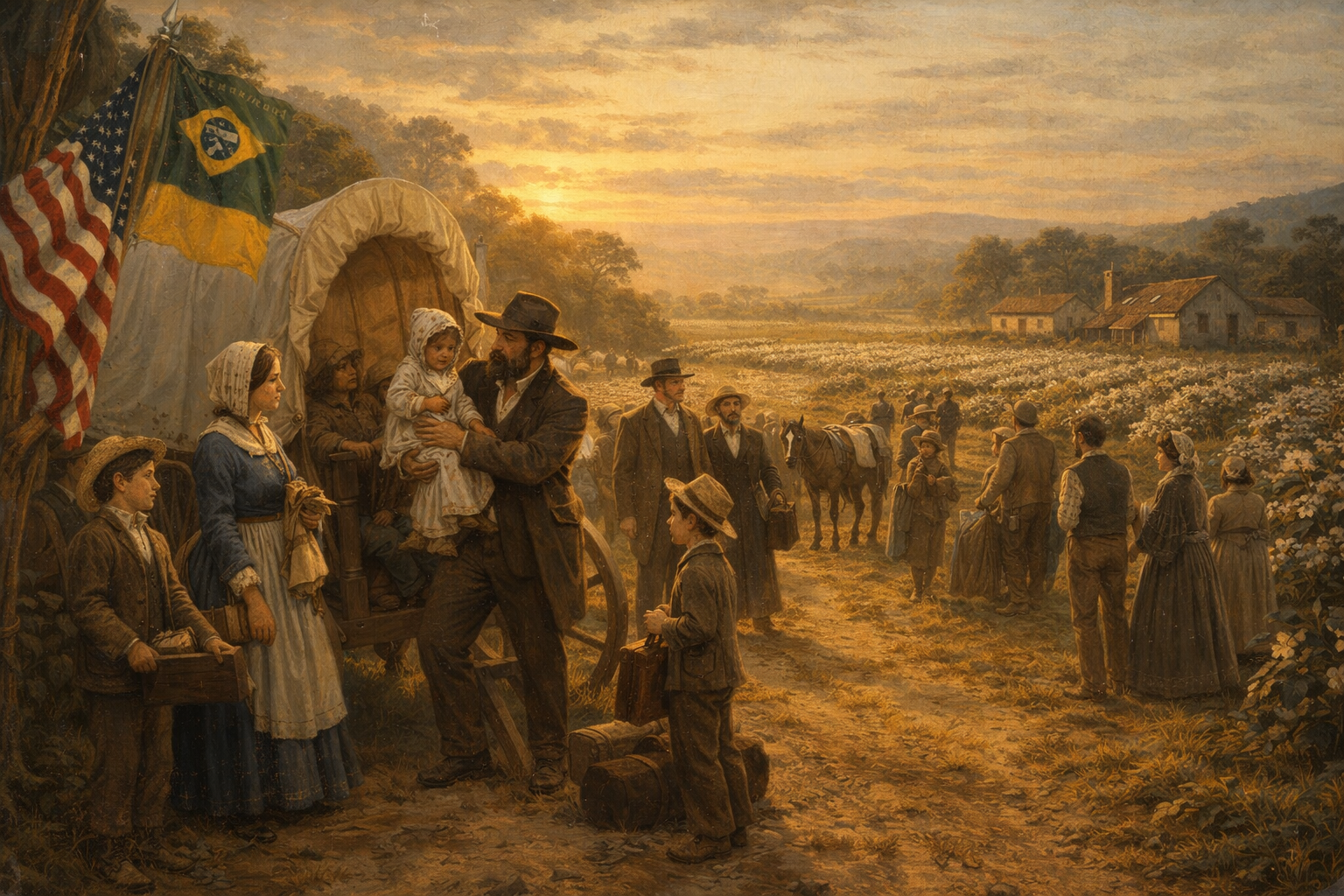 Imigrantes americanos do século XIX chegando ao interior de São Paulo, famílias protestantes com roupas tradicionais em fazendas de algodão durante o Brasil Império.