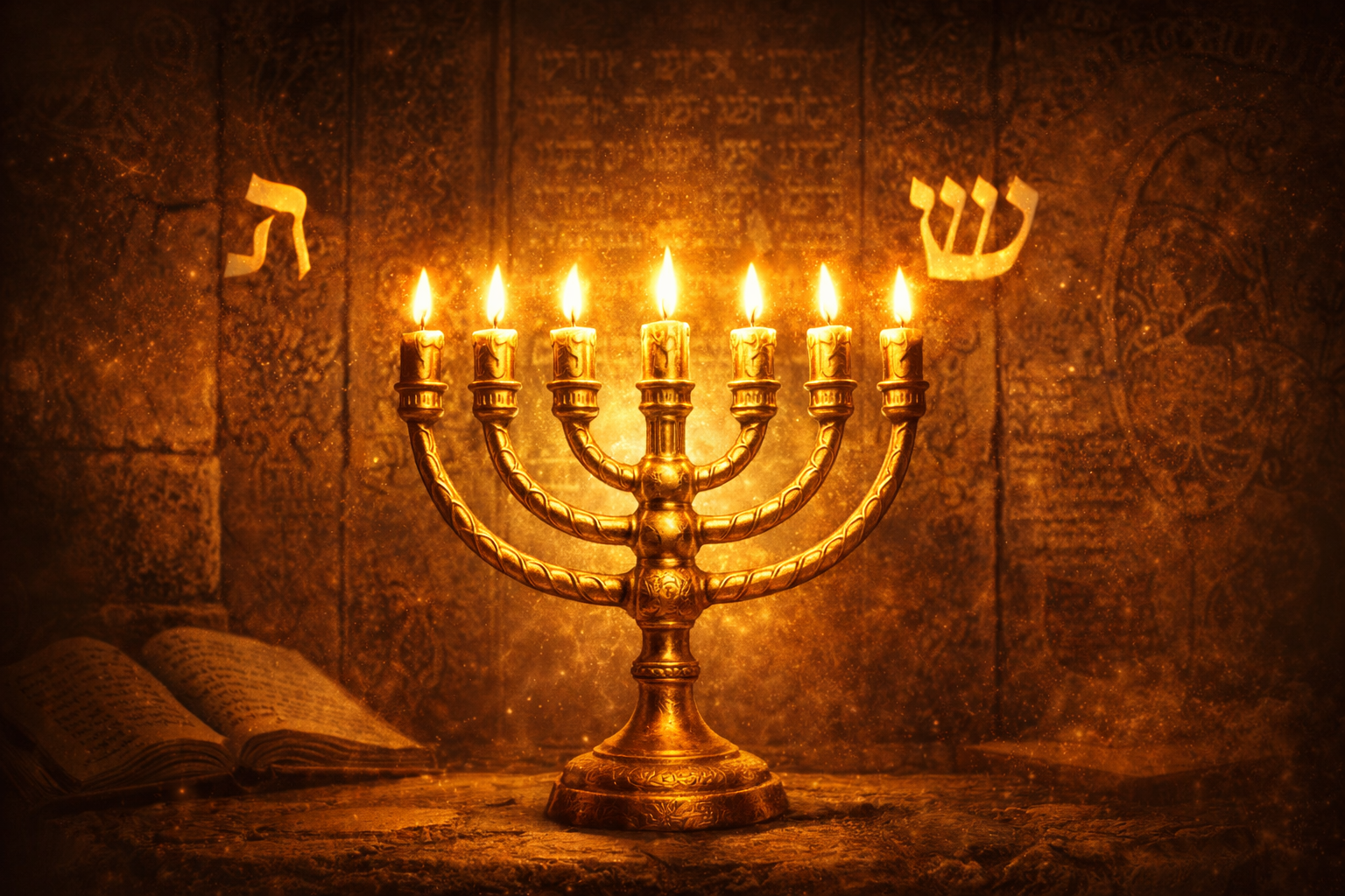 Menorah dourada de sete braços iluminando um tabernáculo antigo, com símbolos hebraicos e atmosfera sagrada. Candelabro de Sete Braços – simbolismo da Criação