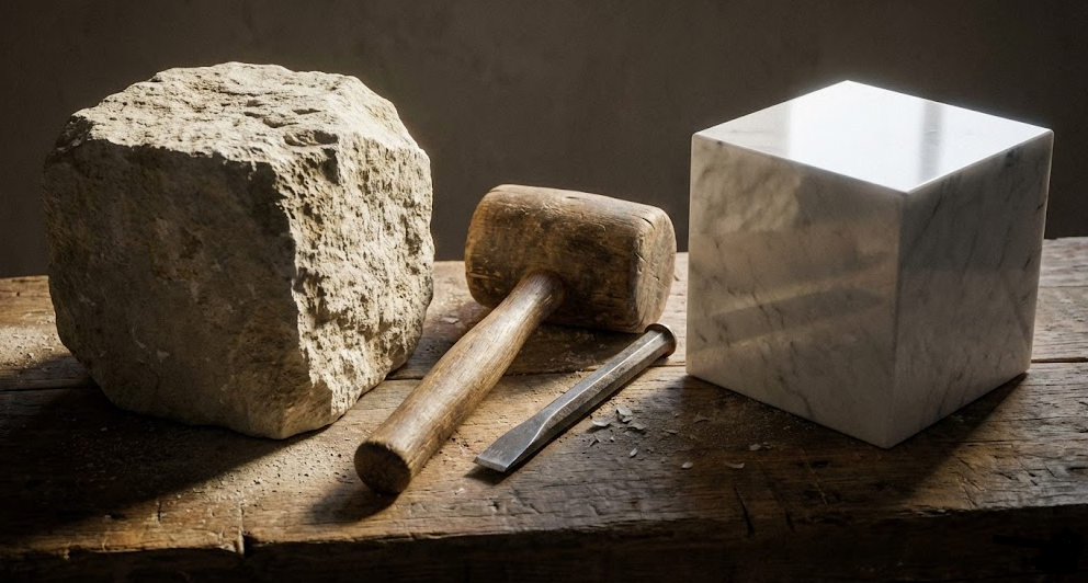 Natureza morta sobre bancada de madeira exibindo uma Pedra Bruta de calcário ao lado de uma Pedra Cúbica (Polida) de mármore, com um malho e um cinzel entre elas, representando as ferramentas de trabalho do grau de Aprendiz na Maçonaria.