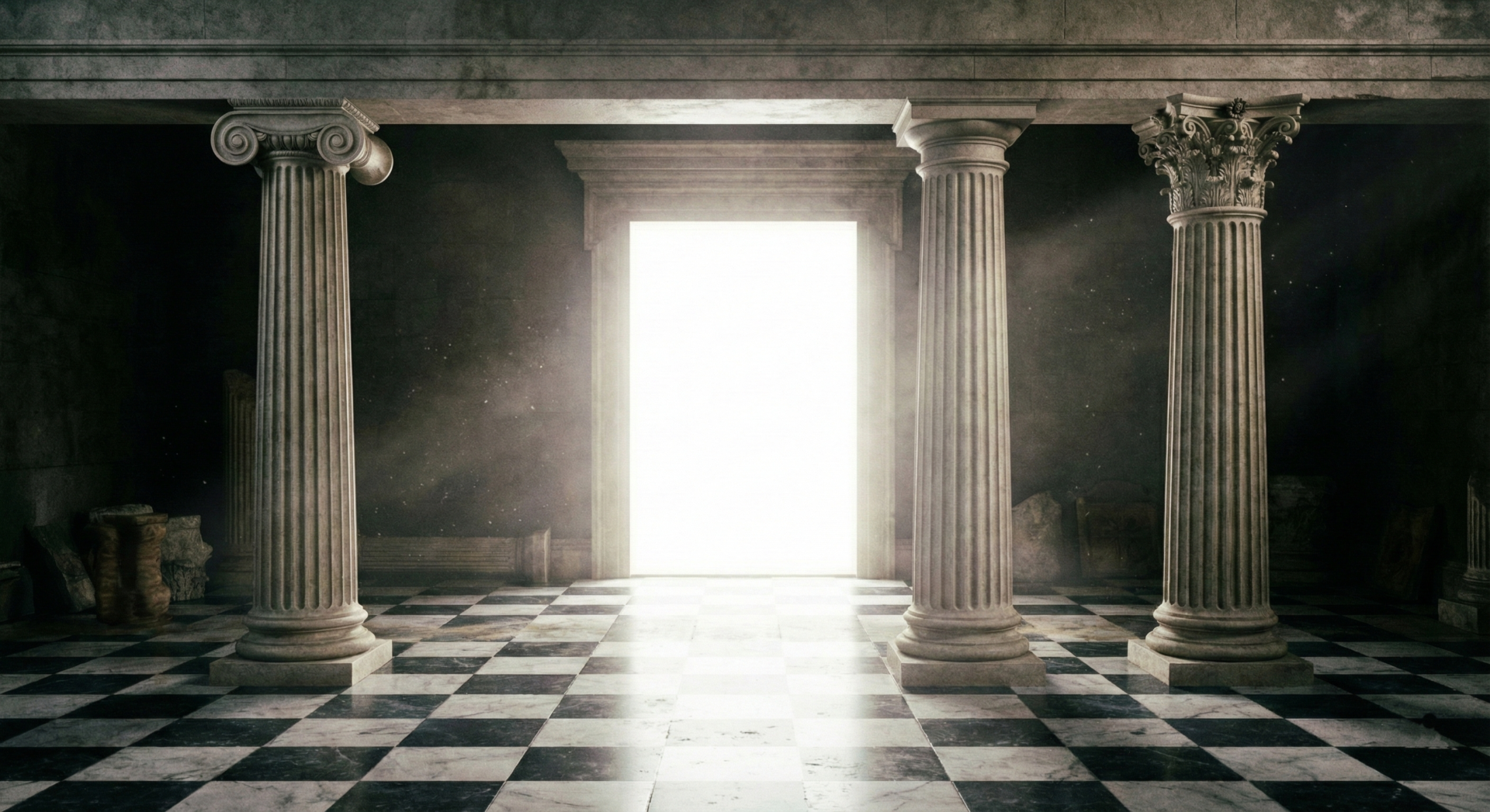 Três colunas arquitetônicas antigas (estilos Jônico, Dórico e Coríntio) sobre um pavimento mosaico preto e branco, sustentando um pórtico que leva a uma luz intensa, representando os pilares da Sabedoria, Força e Beleza no templo maçônico.