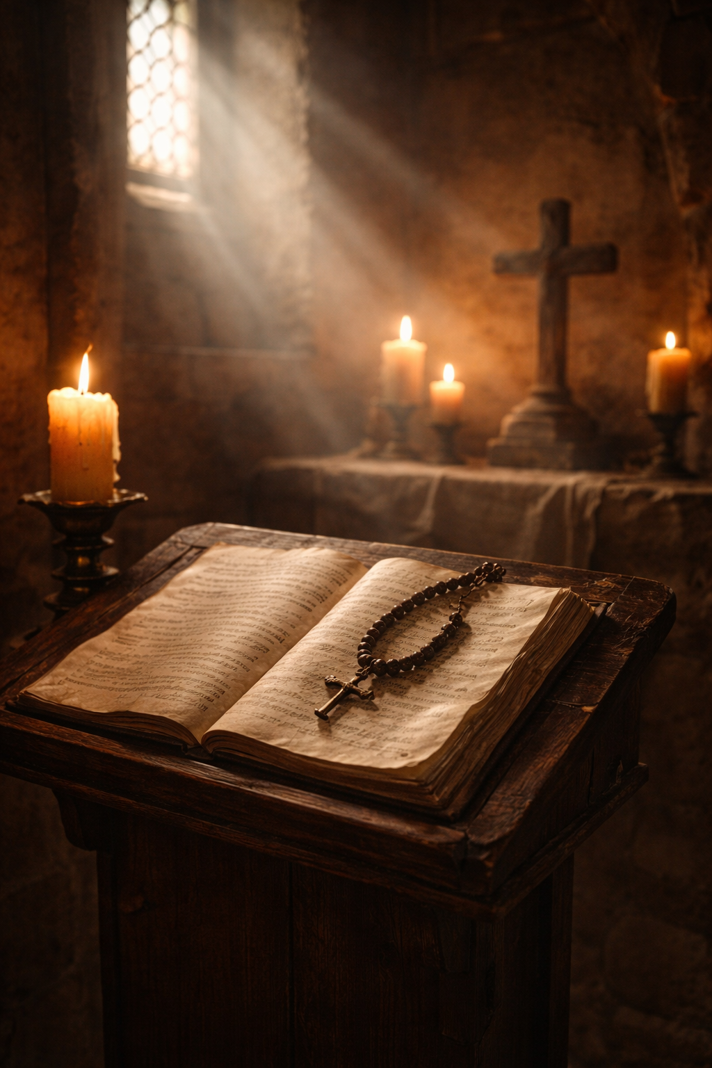 Ambiente devocional medieval com pergaminho e luz de velas, simbolizando juramento e compromisso religioso.