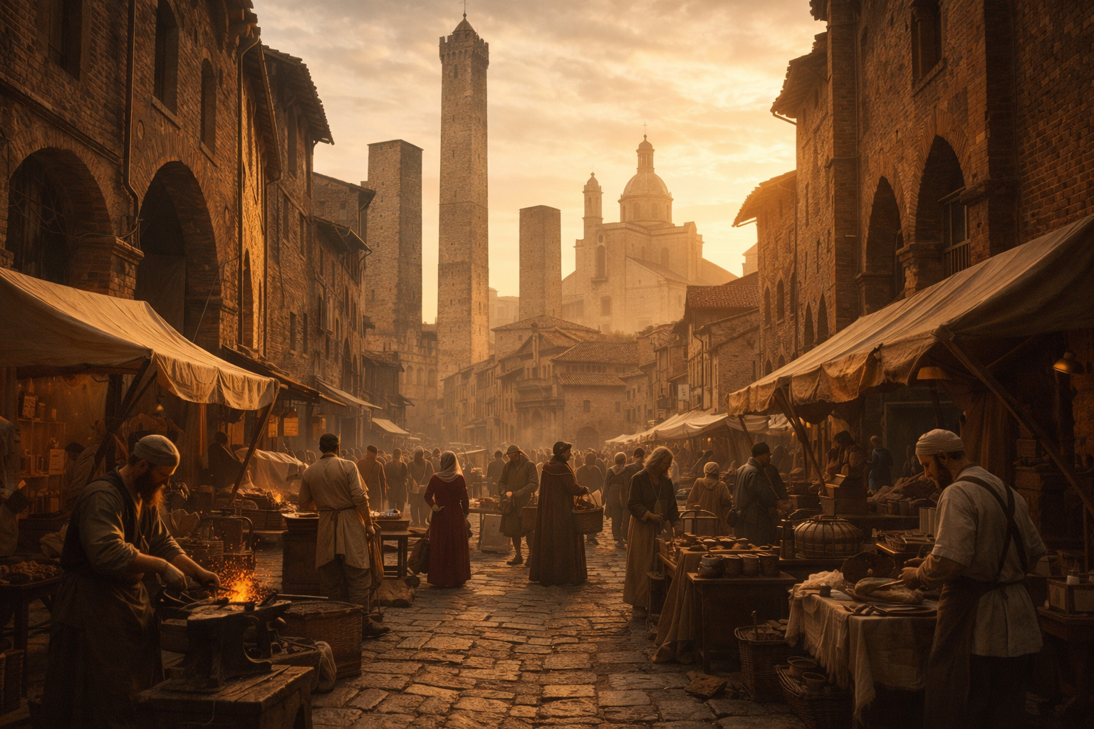 Vista histórica de Bolonha medieval, com torres e ruas do século XIII.