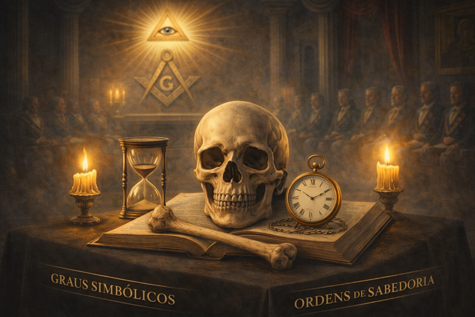 Caveira maçônica sobre um altar com ampulheta e relógio, simbolizando mortalidade, igualdade e reflexão no Rito Moderno.