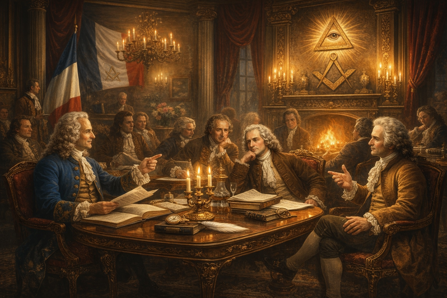 Cena histórica do século XVIII com Voltaire, Rousseau e Montesquieu discutindo ideias iluministas que influenciaram o surgimento do Rito Moderno.