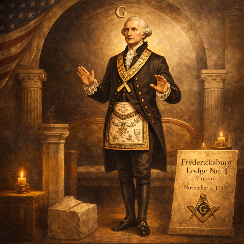 George Washington como maçom na Loja Fredericksburg nº 4, onde foi iniciado na Maçonaria em 1752 na Virgínia.