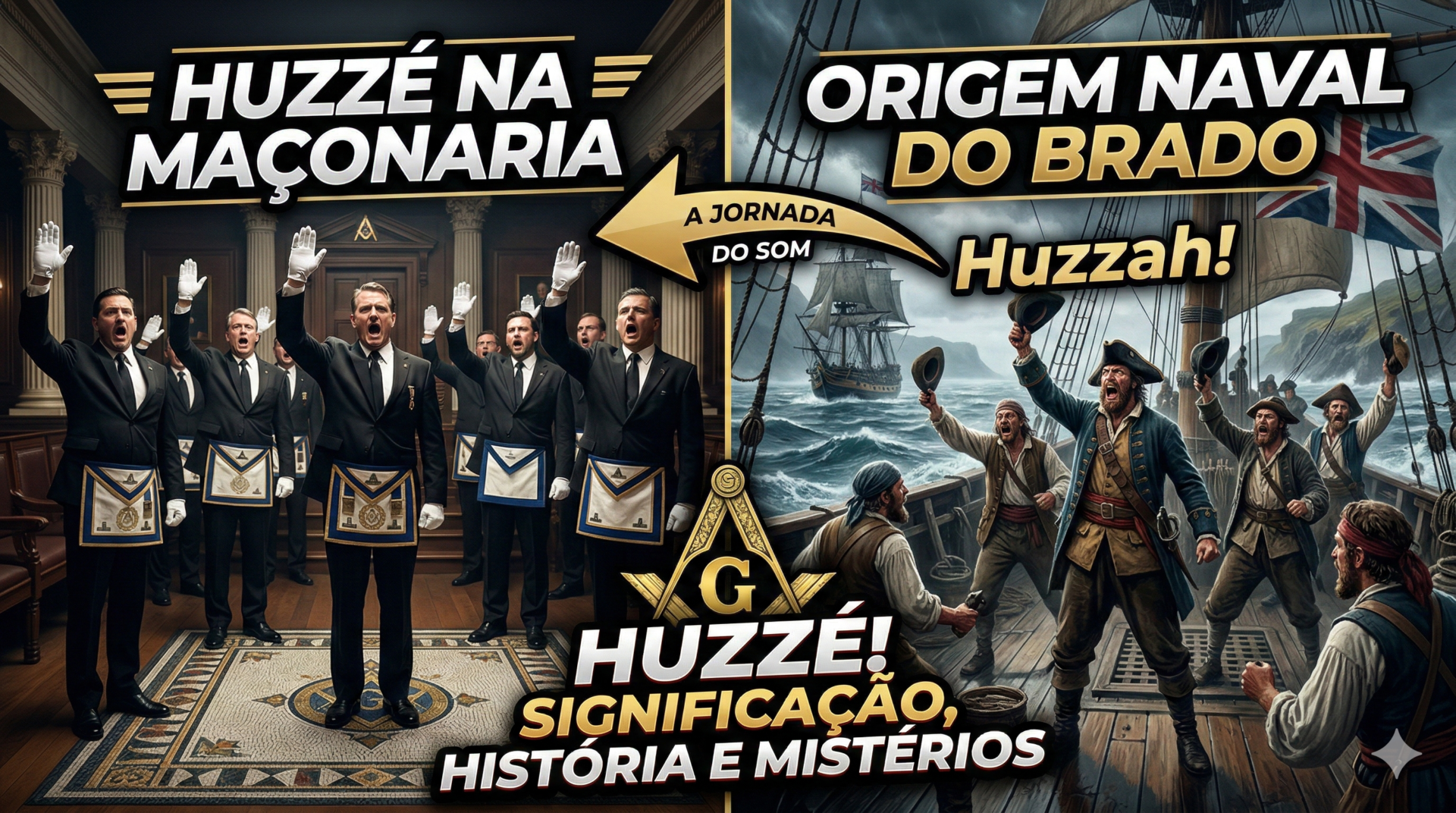 Montagem dividida mostrando maçons em um templo realizando a aclamação Huzzé e marinheiros britânicos do século XVII gritando Huzzah em um navio, ilustrando a origem do termo no REAA.