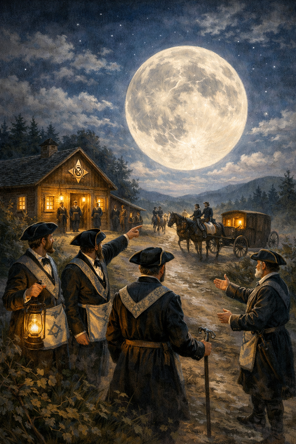 Ilustração das Lojas Lunares na Maçonaria no século XVIII, com maçons viajando a cavalo sob a luz da lua cheia para reunião em área rural.