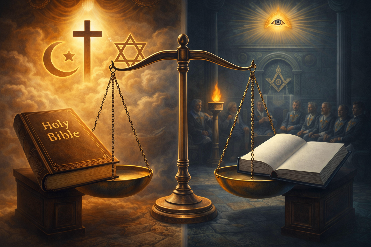 Representação simbólica da Maçonaria Laica, mostrando o equilíbrio entre religiões e o Rito Moderno, com balança entre livros sagrados e a neutralidade maçônica.