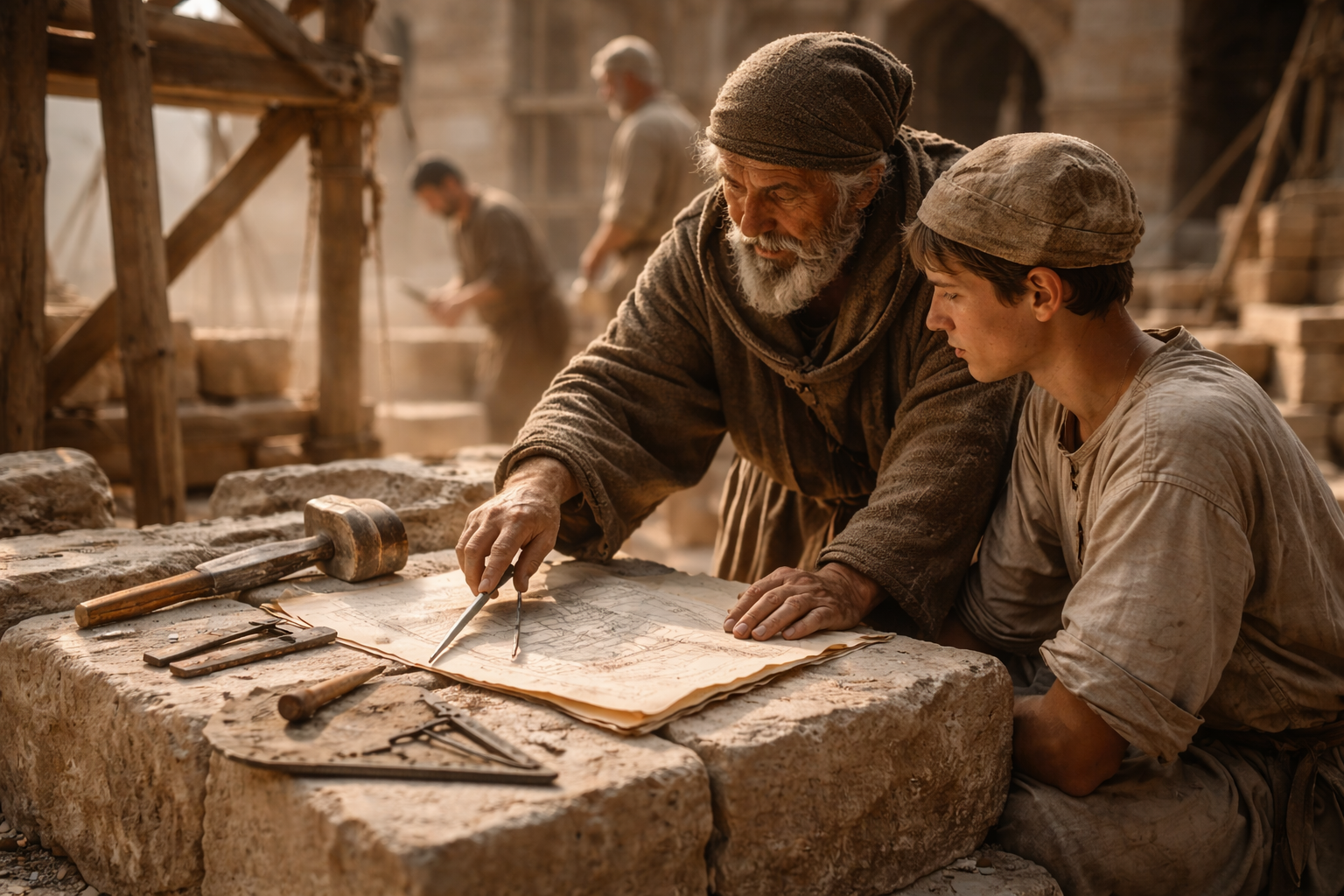 Mestre pedreiro ensinando aprendiz em canteiro medieval, simbolizando regras de formação profissional.