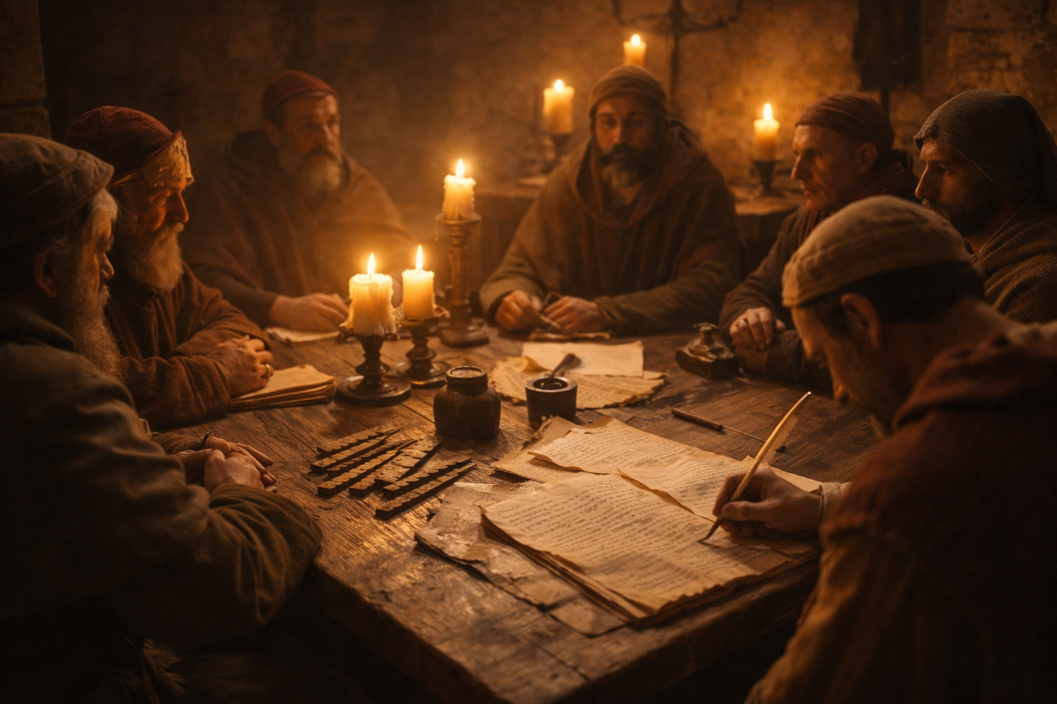 Reunião de corporação medieval com registros e escrivão, representando governança e cargos da Carta de Bolonha