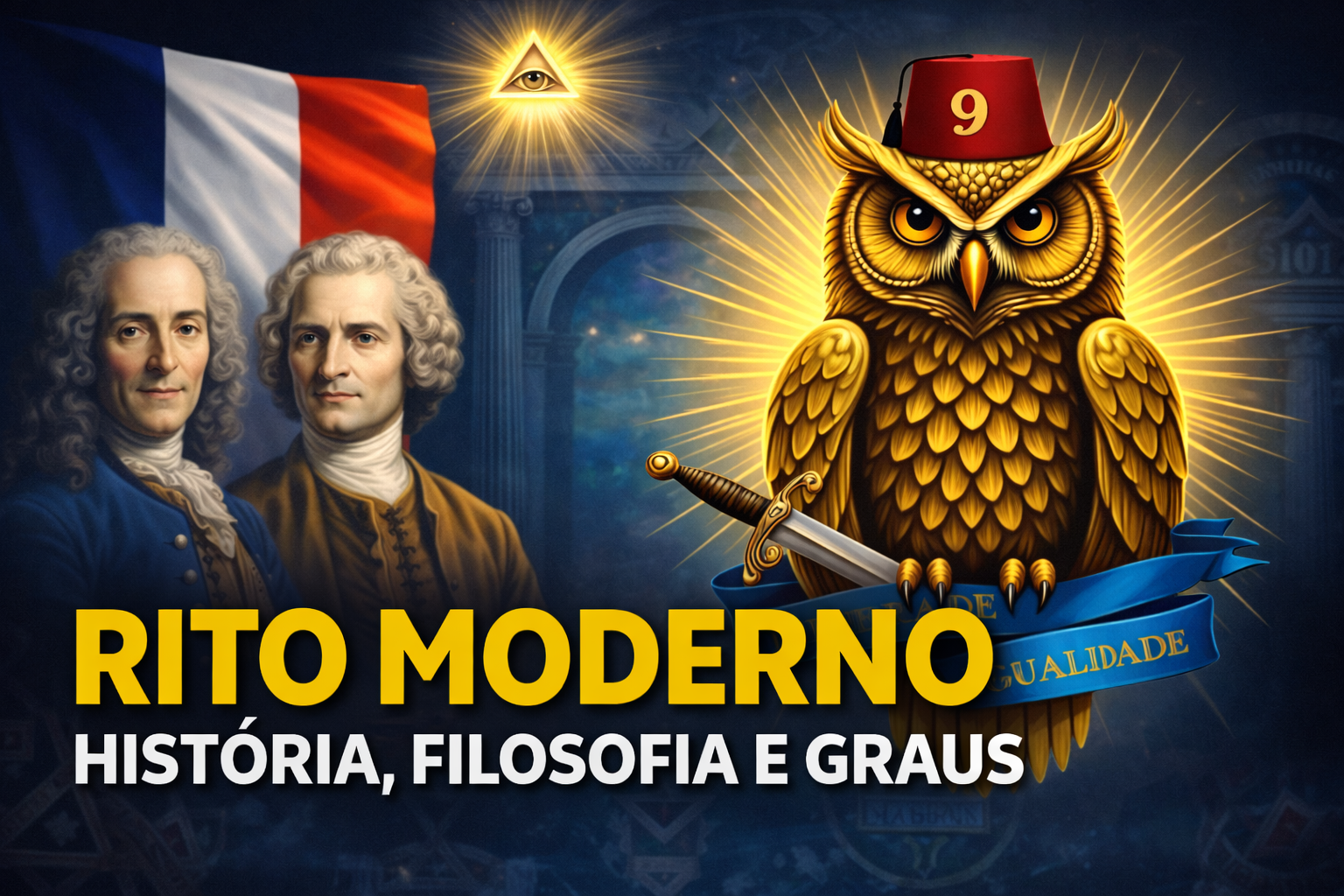 Thumbnail do artigo sobre o Rito Moderno, com Voltaire, Rousseau e o símbolo da coruja iluminada representando o Rito Moderno.