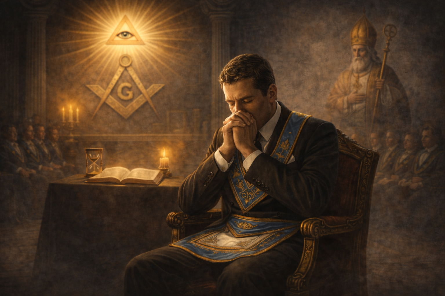 Maçom em silêncio meditativo dentro da Loja, simbolizando a retirada da invocação obrigatória ao Grande Arquiteto do Universo no Rito Moderno.