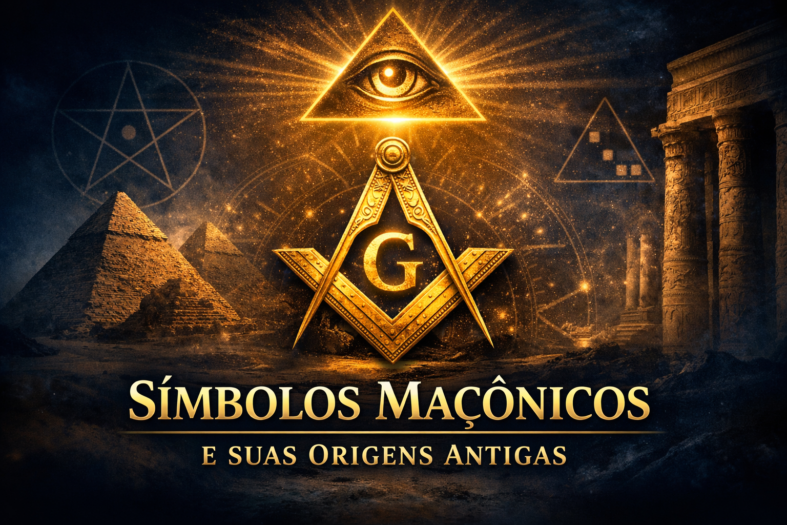Símbolos maçônicos e suas origens antigas – esquadro e compasso com pirâmides egípcias