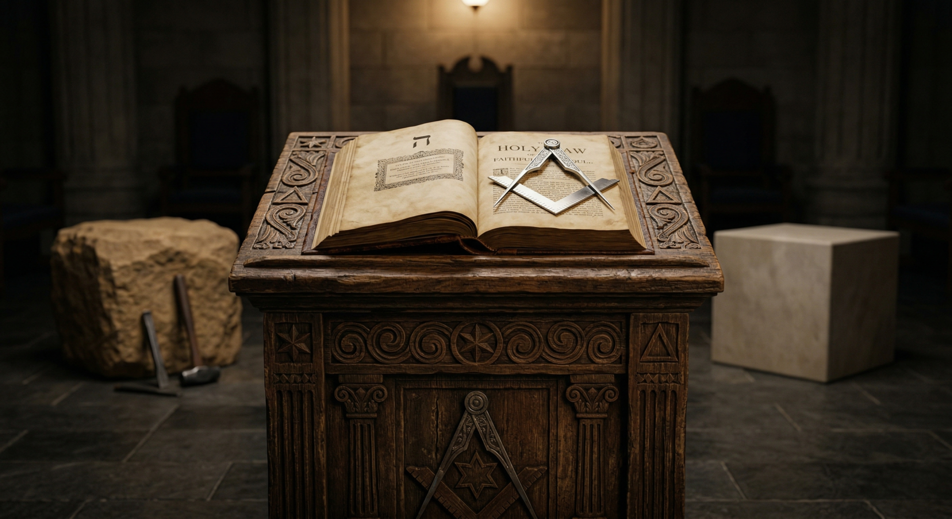 Close-up realista de um altar maçônico com o Livro da Lei aberto, esquadro e compasso de prata. Ao fundo, uma pedra bruta e uma pedra polida com ferramentas de cinzel.