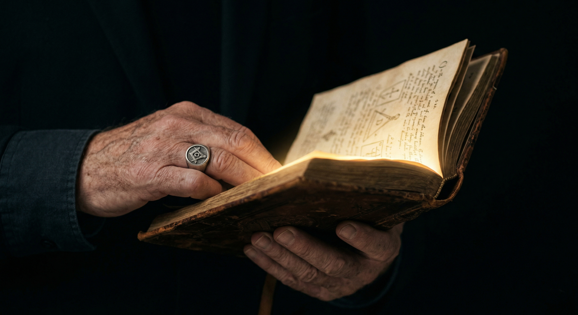 Mãos de um maçom segurando um livro aberto que emite uma luz dourada, simbolizando a busca pelo conhecimento e verdade.