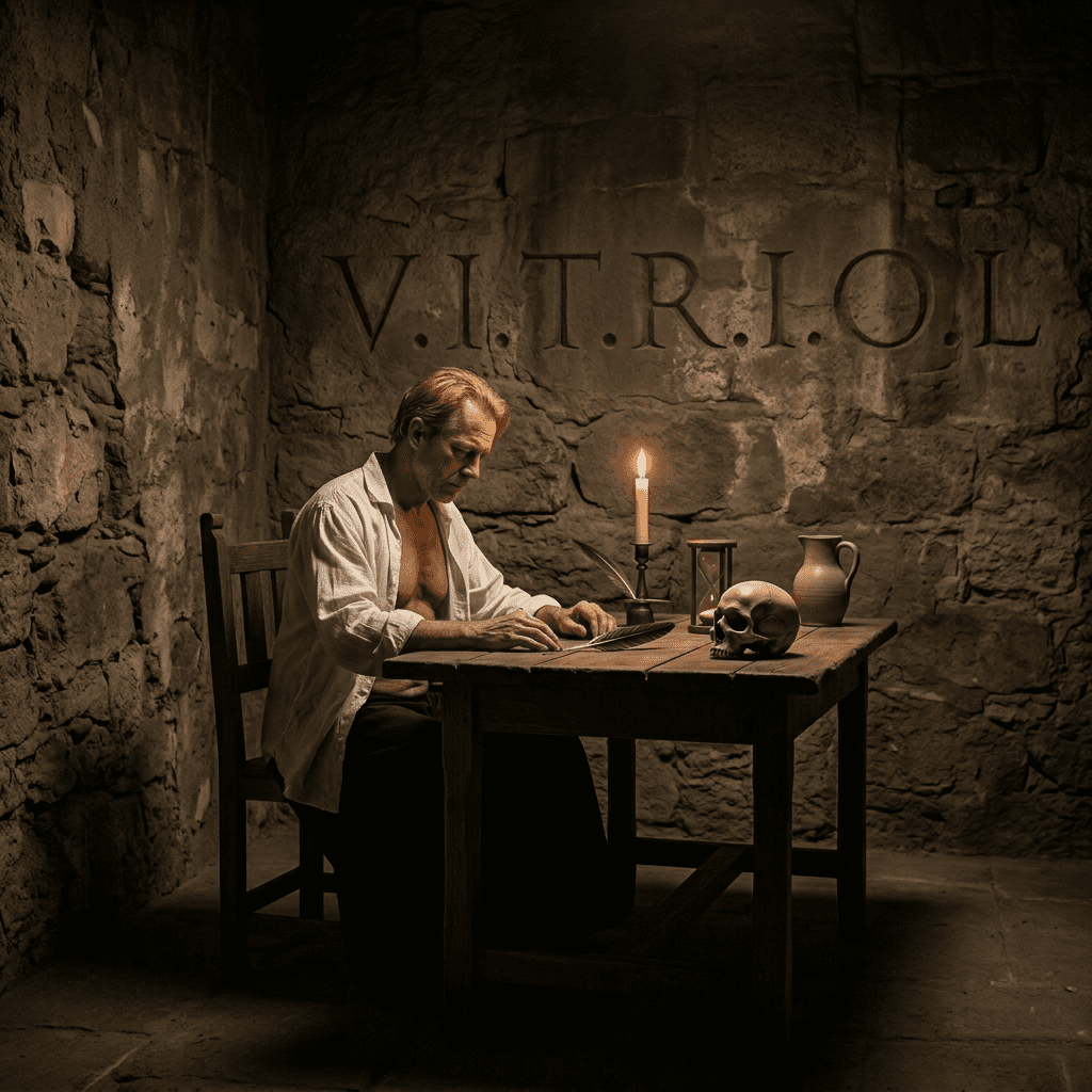 Um candidato à iniciação maçônica sentado em contemplação na Câmara de Reflexões, à luz de velas, com um crânio e as letras V.I.T.R.I.O.L. na parede de pedra.