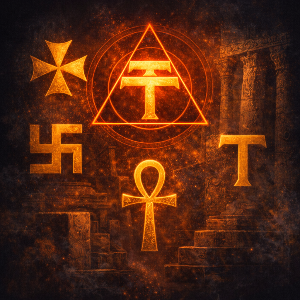 Símbolos antigos de cruz incluindo Triplo Tau, Ankh egípcio, cruz Tau e cruz de Malta no simbolismo maçônico