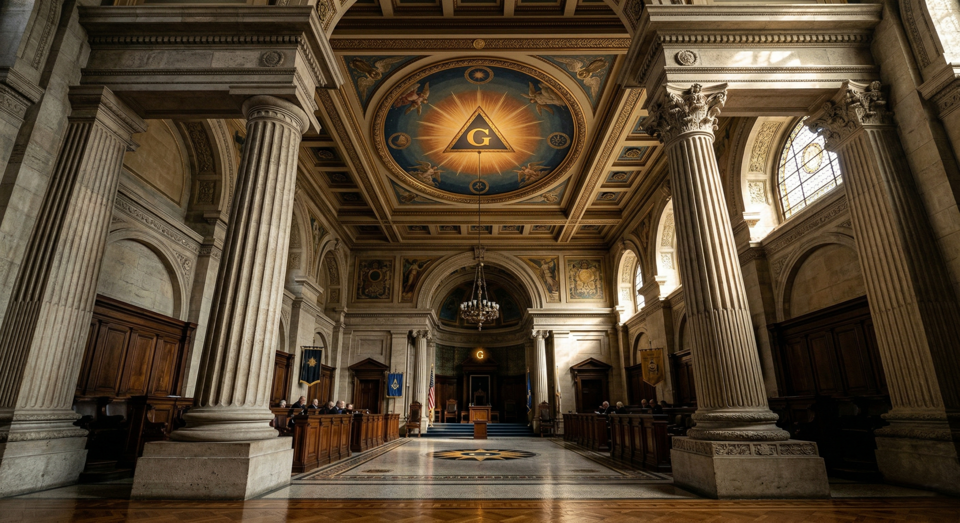 Vista arquitetônica simétrica das colunas de pedra Boaz e Jachin em uma loja maçônica, simbolizando equilíbrio e harmonia.