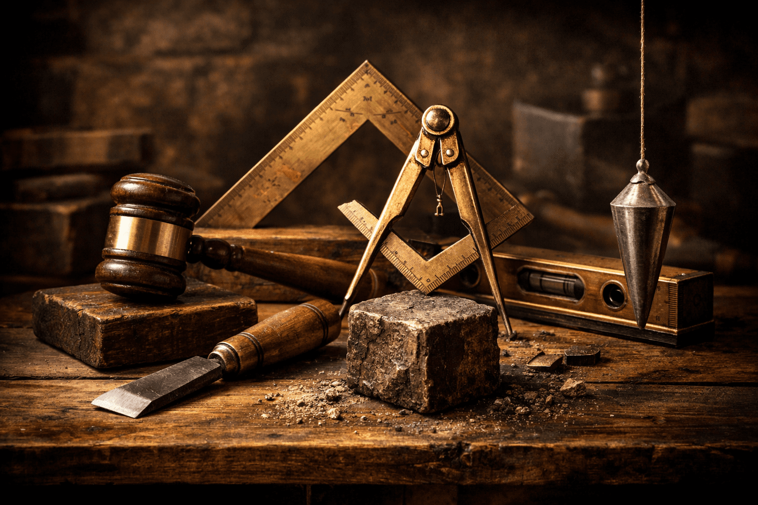 Ferramentas da Maçonaria como maço, cinzel, esquadro e compasso representando simbolismo moral.