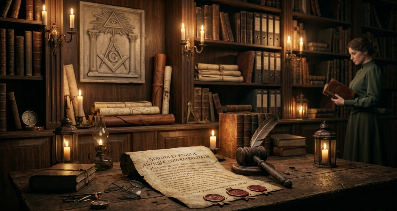 Documentos antigos representando os Landmarks e as leis tradicionais da maçonaria regular, ao fundo, observa-se uma mulher lendo livros dessa biblioteca maçônica.