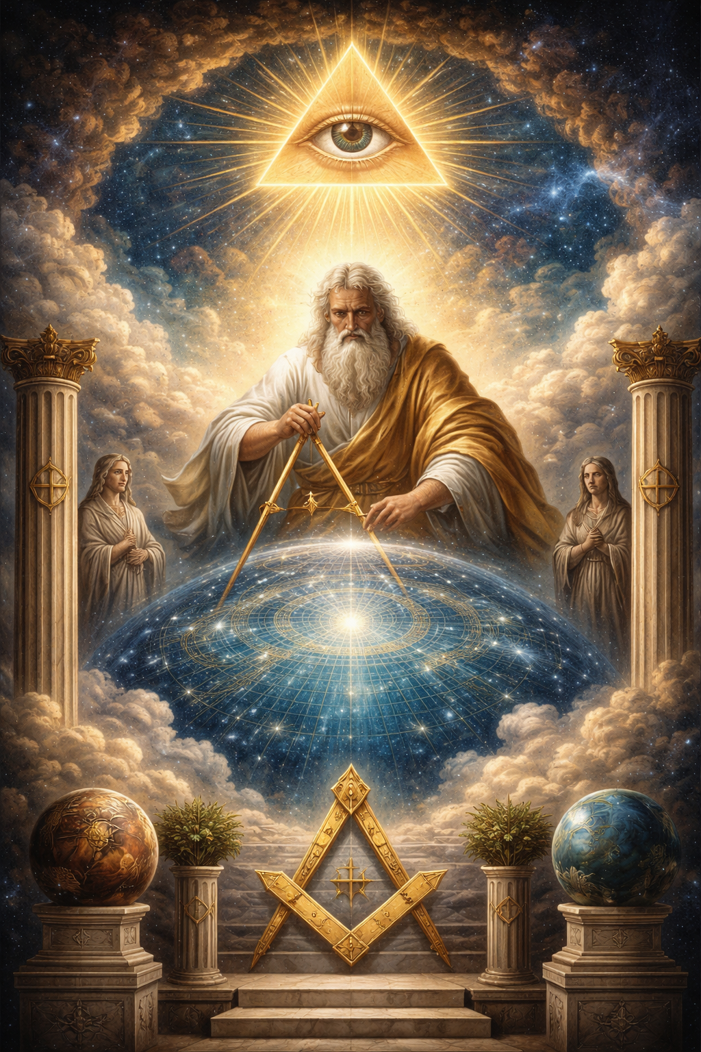 Ilustração simbólica do Grande Arquiteto do Universo na Maçonaria, com olho que tudo vê, compasso, esquadro e representação do cosmos em harmonia geométrica.