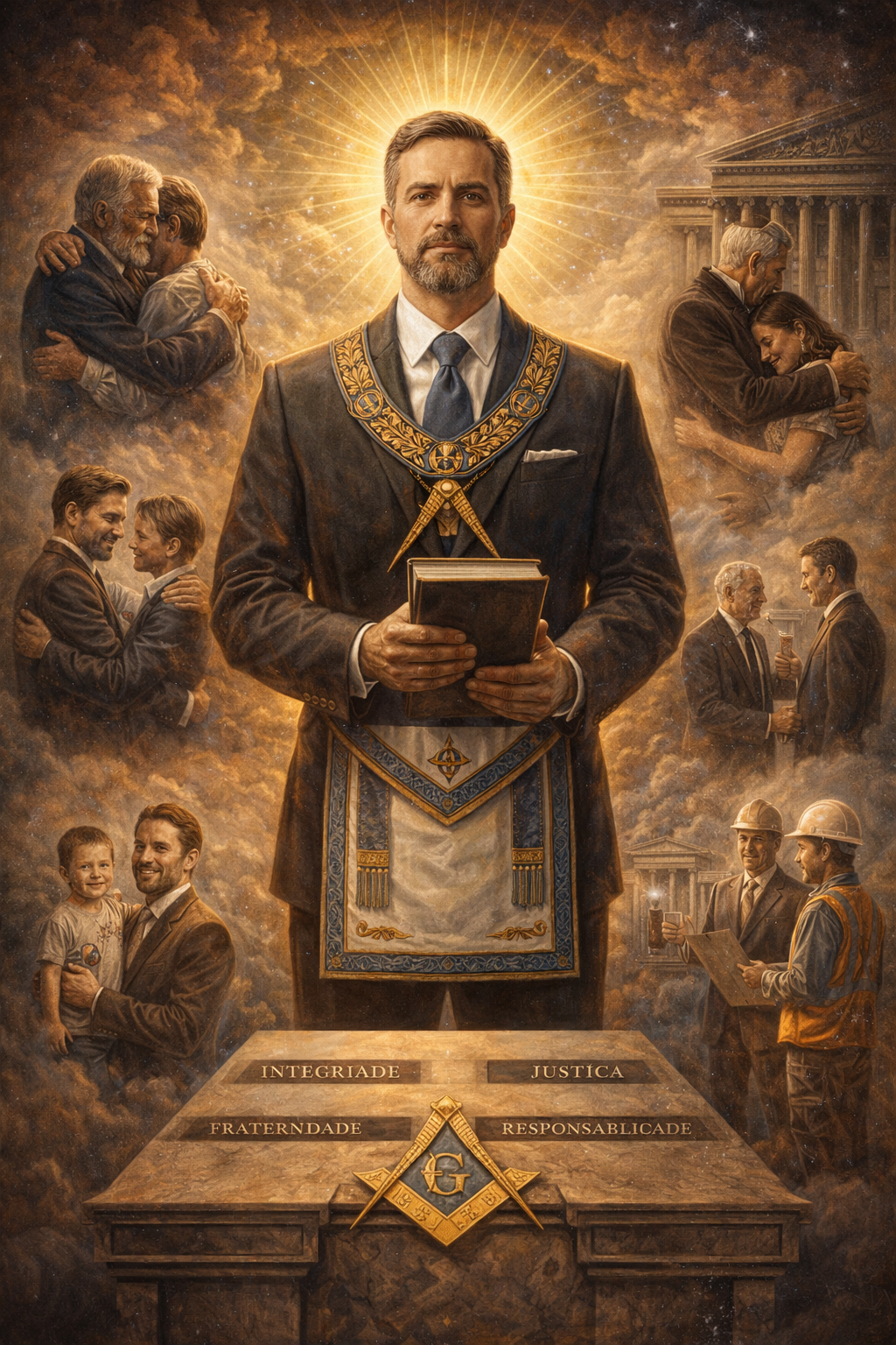 Ilustração de um maçom representando virtudes como integridade, justiça, fraternidade e responsabilidade, cercado por cenas de família, trabalho e convivência social.