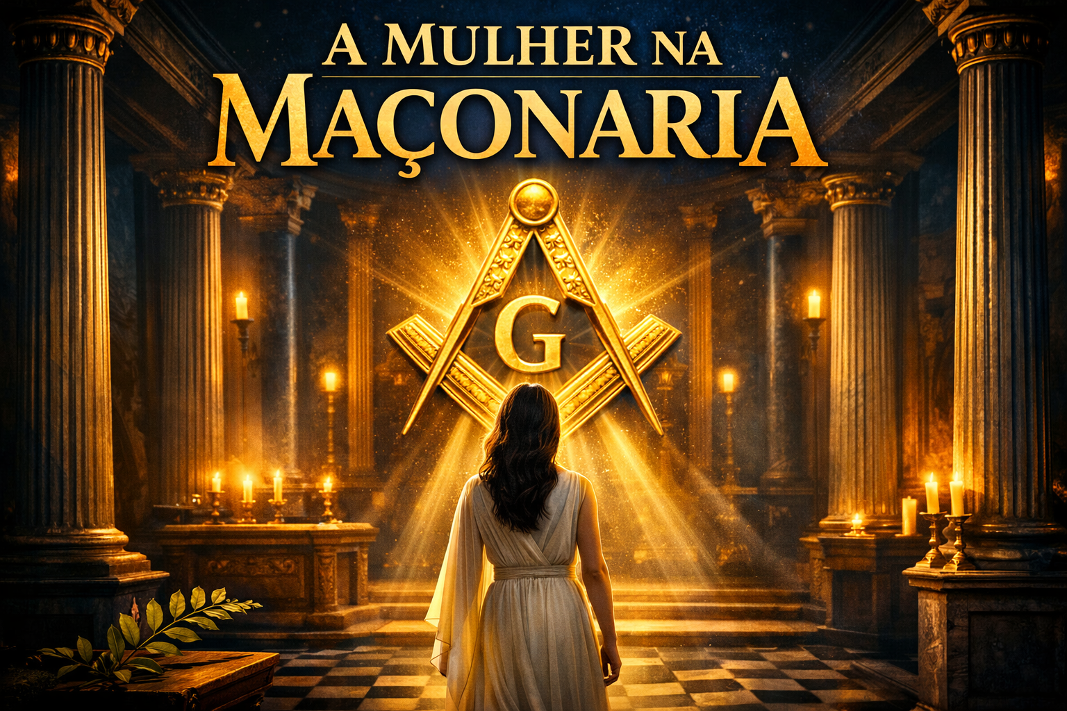 Representação simbólica da presença da mulher na Maçonaria diante do esquadro e compasso em um templo maçônico iluminado.