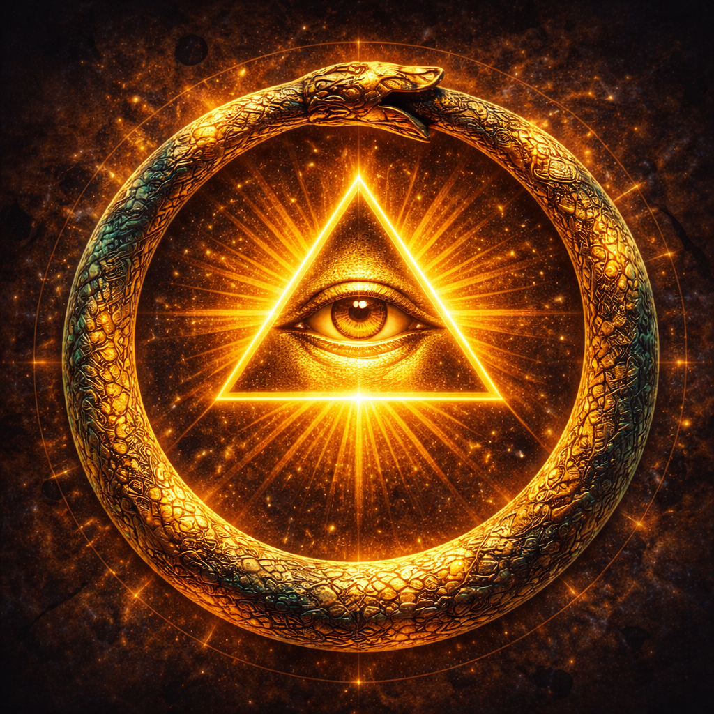 Olho que tudo vê dentro de um triângulo luminoso cercado pelo Ouroboros simbolizando eternidade e consciência espiritual na tradição maçônica