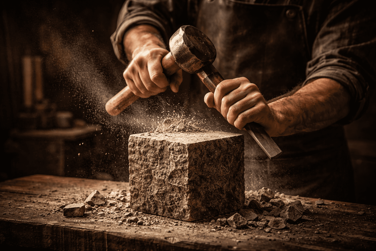 Pedra bruta sendo lapidada simbolizando transformação e aperfeiçoamento na Maçonaria.