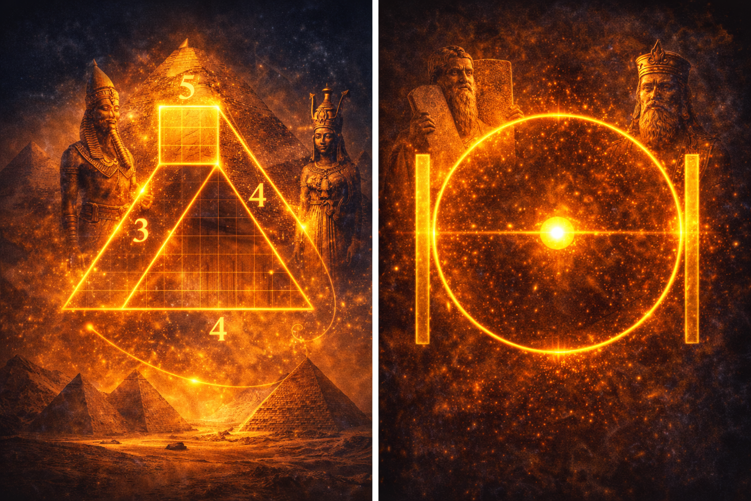 Representação simbólica da 47ª proposição de Euclides com o triângulo 3-4-5 e do símbolo maçônico do ponto dentro de um círculo entre linhas paralelas