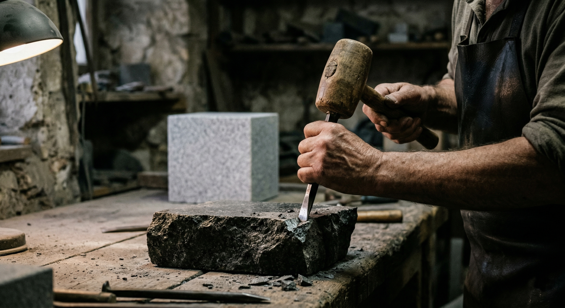 Mãos de um artesão usando cinzel e maço para talhar uma pedra bruta informe, simbolizando o autodesenvolvimento e a lapidação do caráter no grau de Aprendiz maçônico.