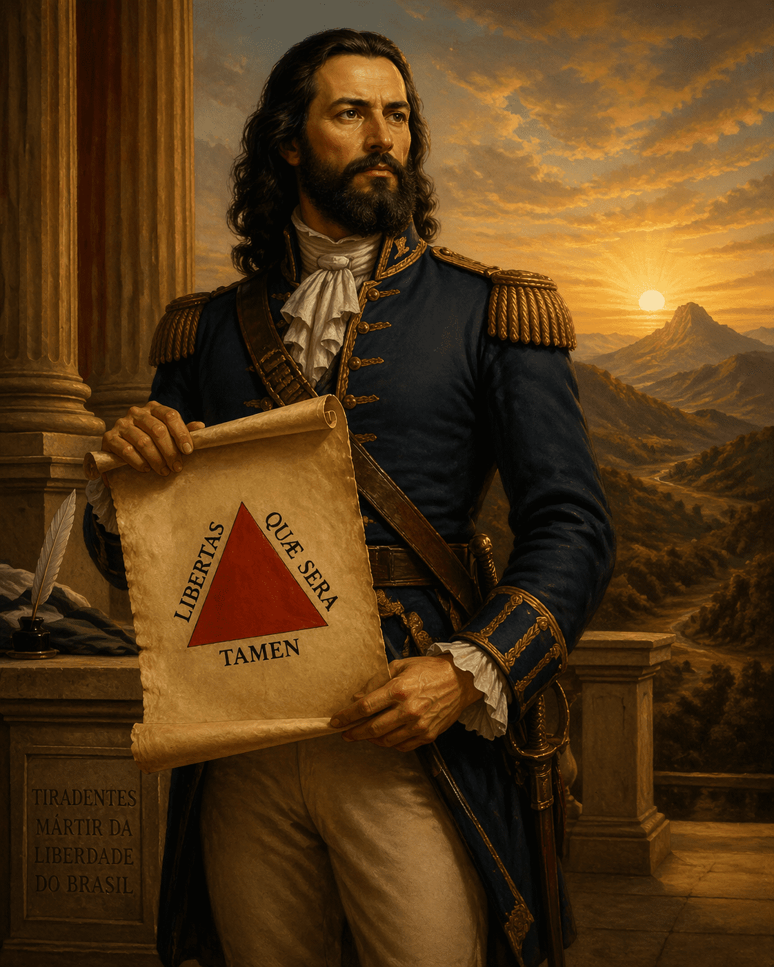 Pintura histórica imponente de Tiradentes com trajes militares de Alferes, segurando um pergaminho com o triângulo inconfidente. Ao fundo, uma composição clássica com colunas gregas e a luz do sol nascente sobre as montanhas de Minas Gerais. Estilo neoclássico, alta definição, cores sóbrias e dignas.