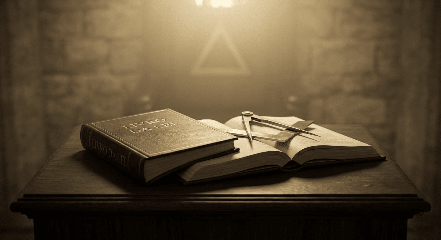 Close-up fotográfico do Altar dos Juramentos maçônico com o Livro da Lei aberto em português, esquadro e compasso unidos de forma tradicional sob luz dourada difusa vindo do Oriente, simbolizando compromisso e ética.