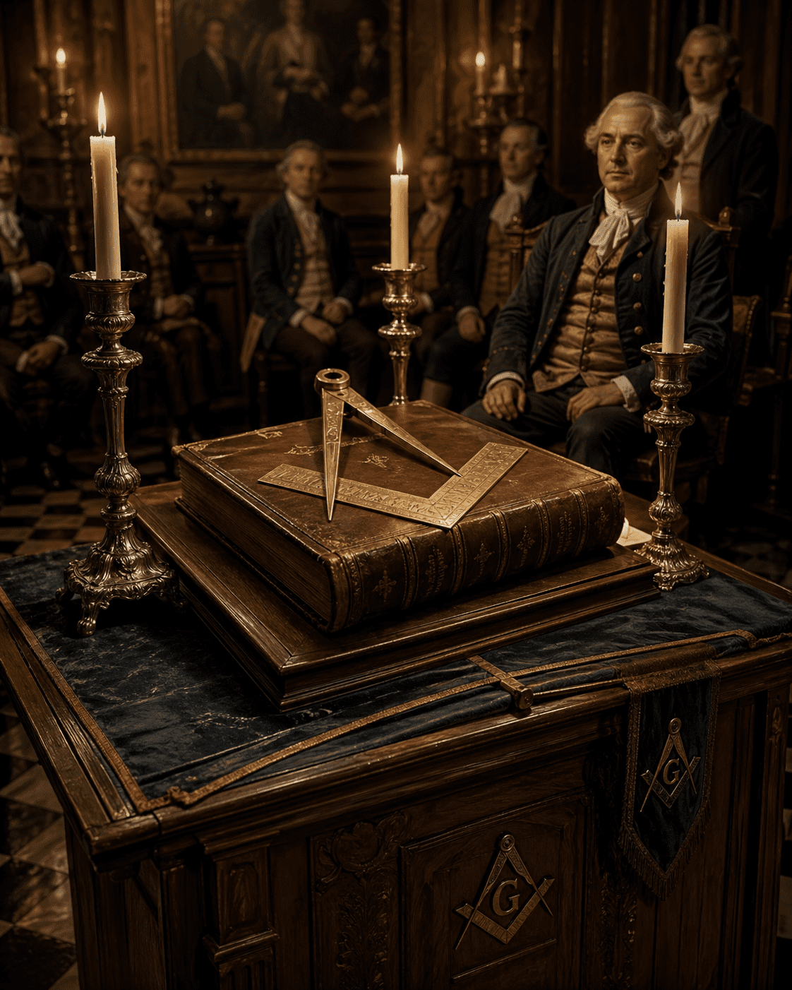 Representação histórica de ferramentas maçônicas sobre um altar iluminado por velas no século XVIII