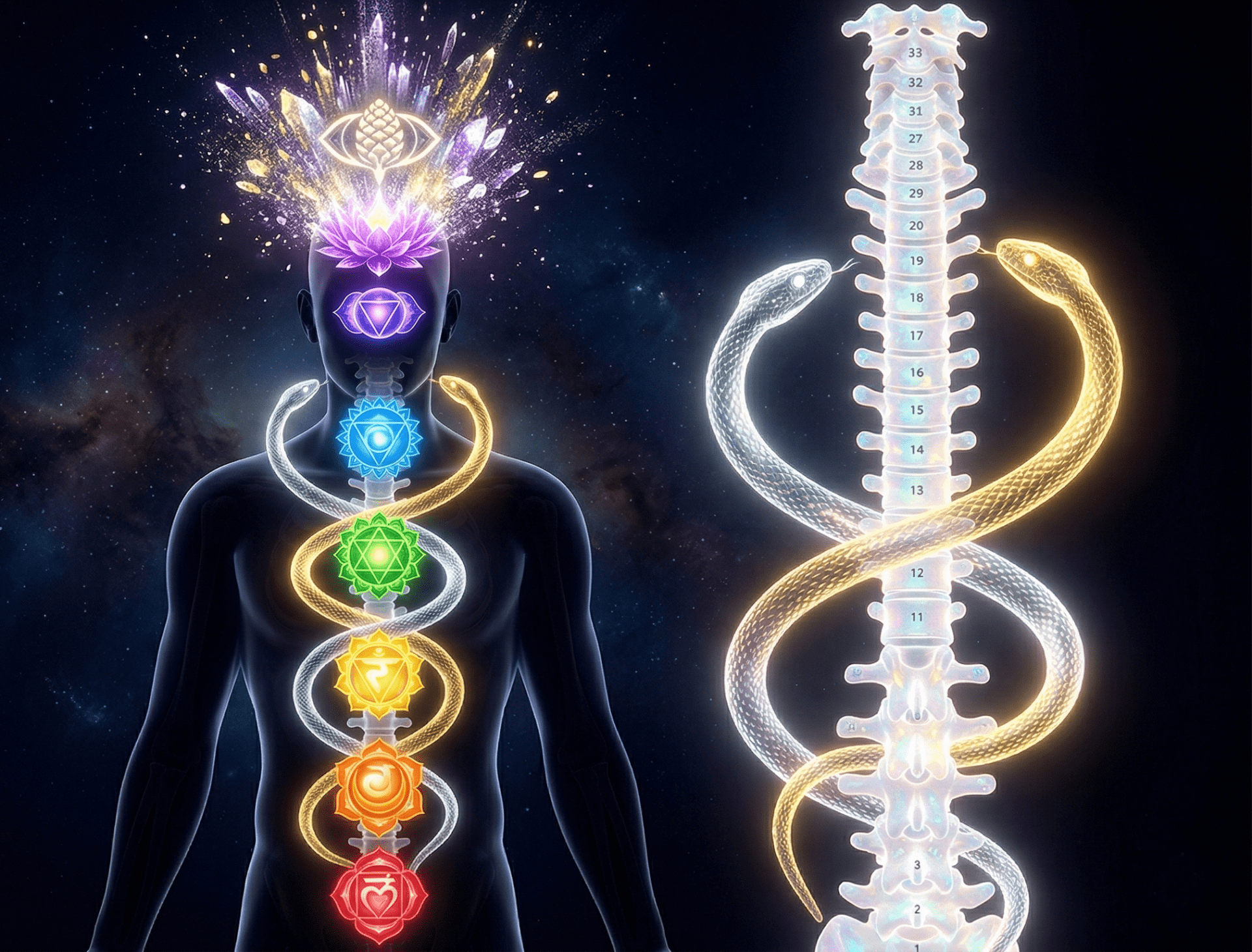 Diagrama espiritual da coluna vertebral humana mostrando as 33 vértebras como degraus de luz, a subida da Kundalini e o despertar dos sete chakras.
