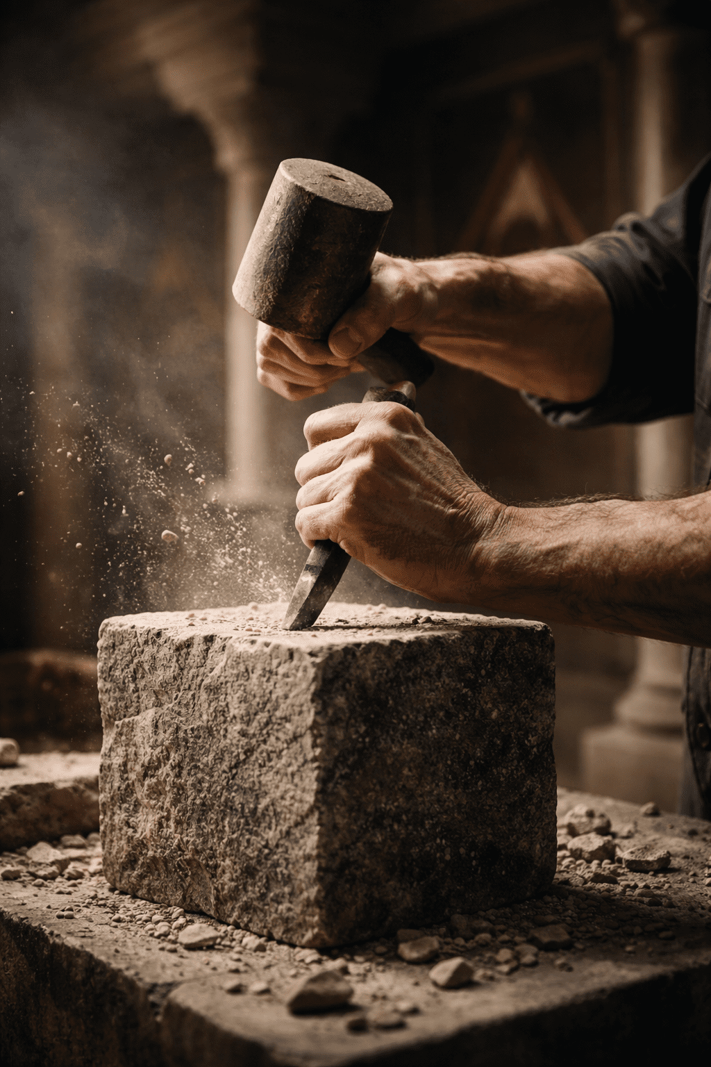 Mãos esculpindo uma pedra bruta com cinzel e malhete, simbolizando o aperfeiçoamento moral na Maçonaria.