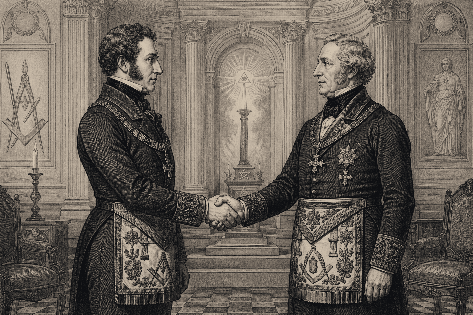 Ilustração em gravura histórica mostrando o Duque de Sussex e o Duque de Kent apertando as mãos durante o Ato de União de 1813, evento que fundou a Grande Loja Unida da Inglaterra.