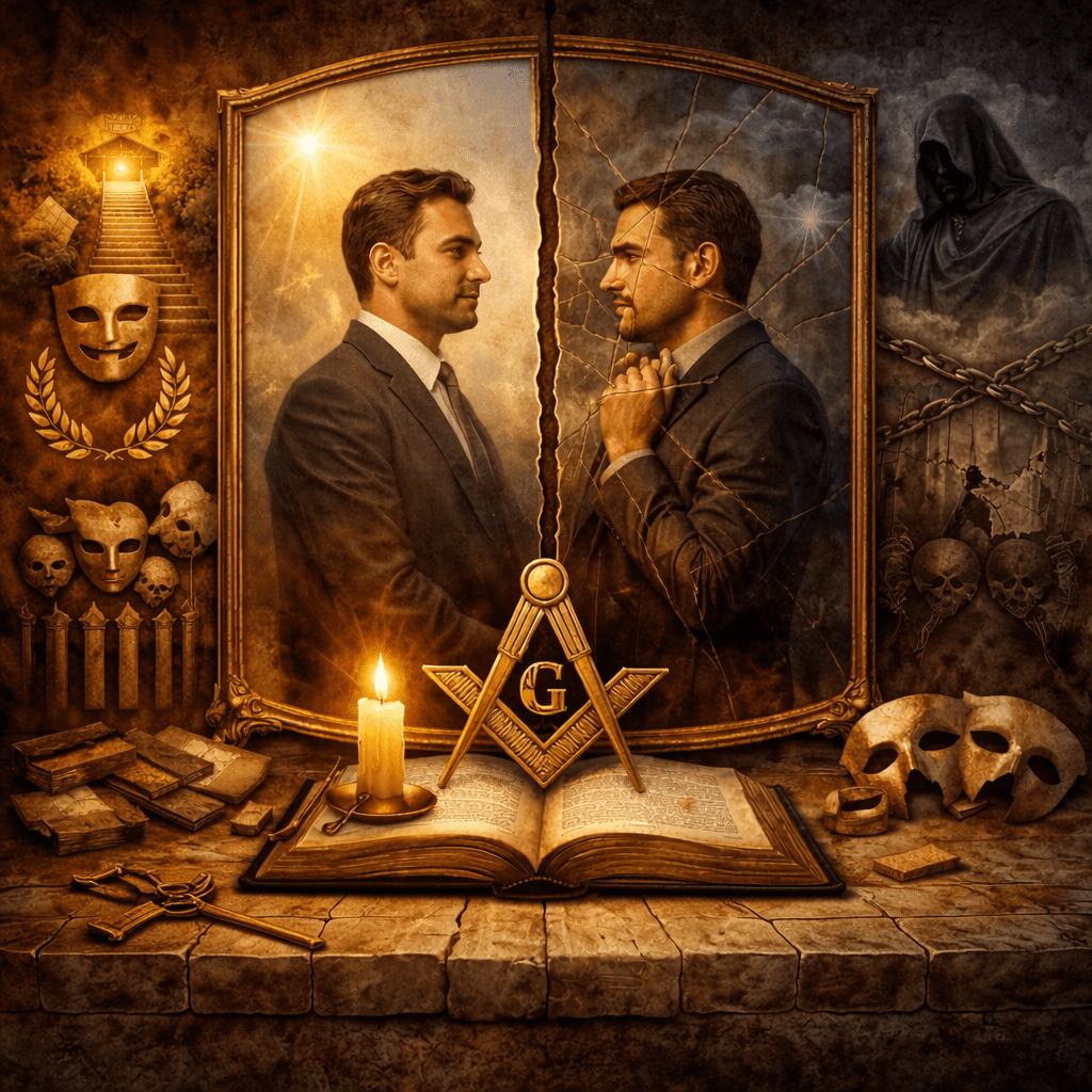 Homem diante de espelho dividido representando a dualidade entre virtudes e falhas no processo de autoconhecimento