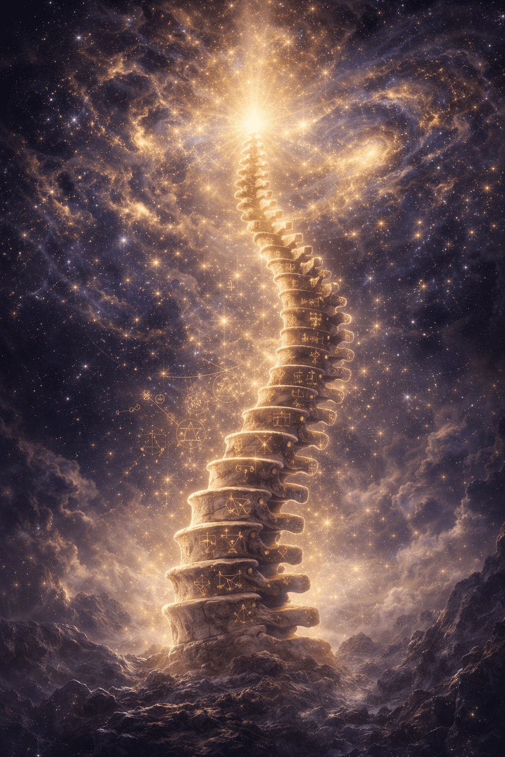 Uma representação artística da coluna vertebral humana transformando-se em uma escada em espiral luminosa que conecta a terra ao céu, simbolizando o Axis Mundi e a ascensão espiritual.