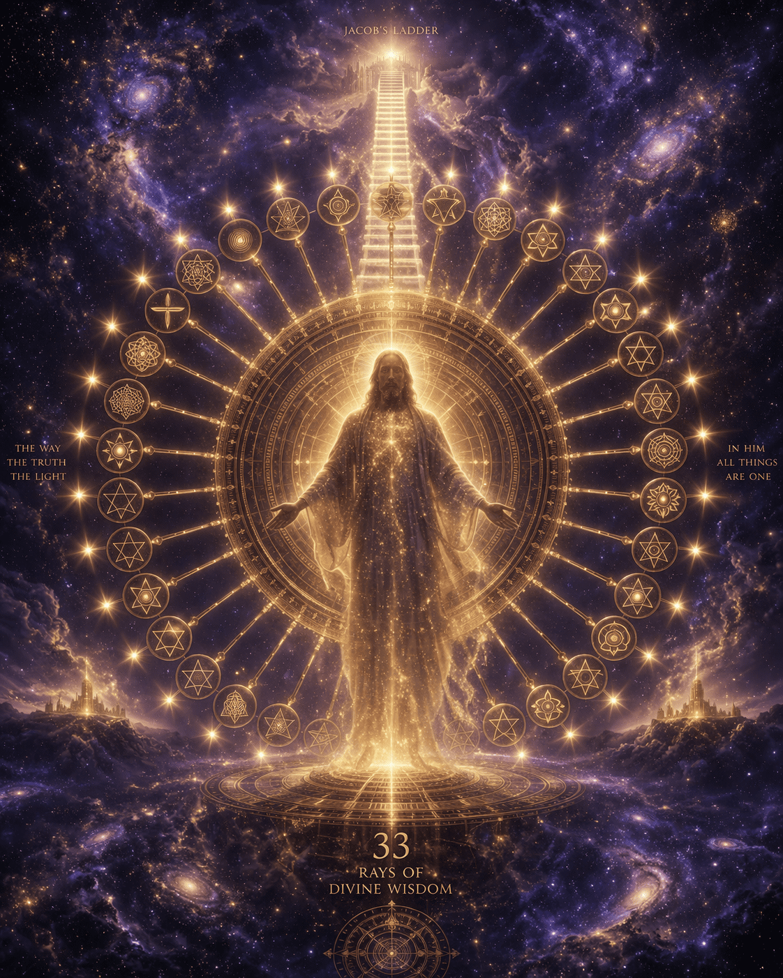 A manifestação vibratória dos Números Mestres, culminando na luz dourada do 33, a Consciência Crística e Síntese da Criação.