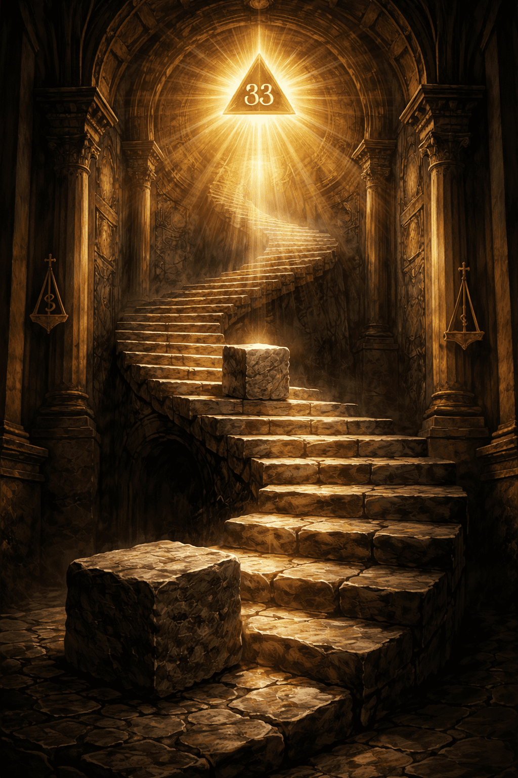 Uma representação artística de uma escada de pedra em espiral ascendendo dentro de um templo maçônico místico, mostrando símbolos dos graus simbólicos e culminando em um símbolo radiante do Grau 33 no topo.