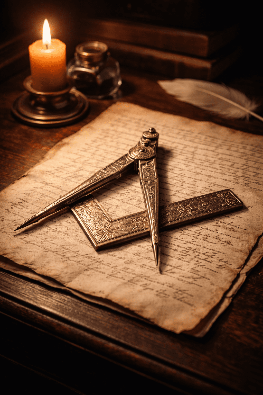 Compasso e esquadro sobre um pergaminho antigo, simbolizando a ética orientando a liberdade e a retidão nas ações.