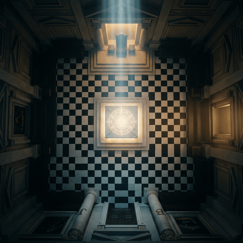 Interior de uma loja maçônica representando o microcosmo simbólico com orientação entre oriente, ocidente, norte e sul