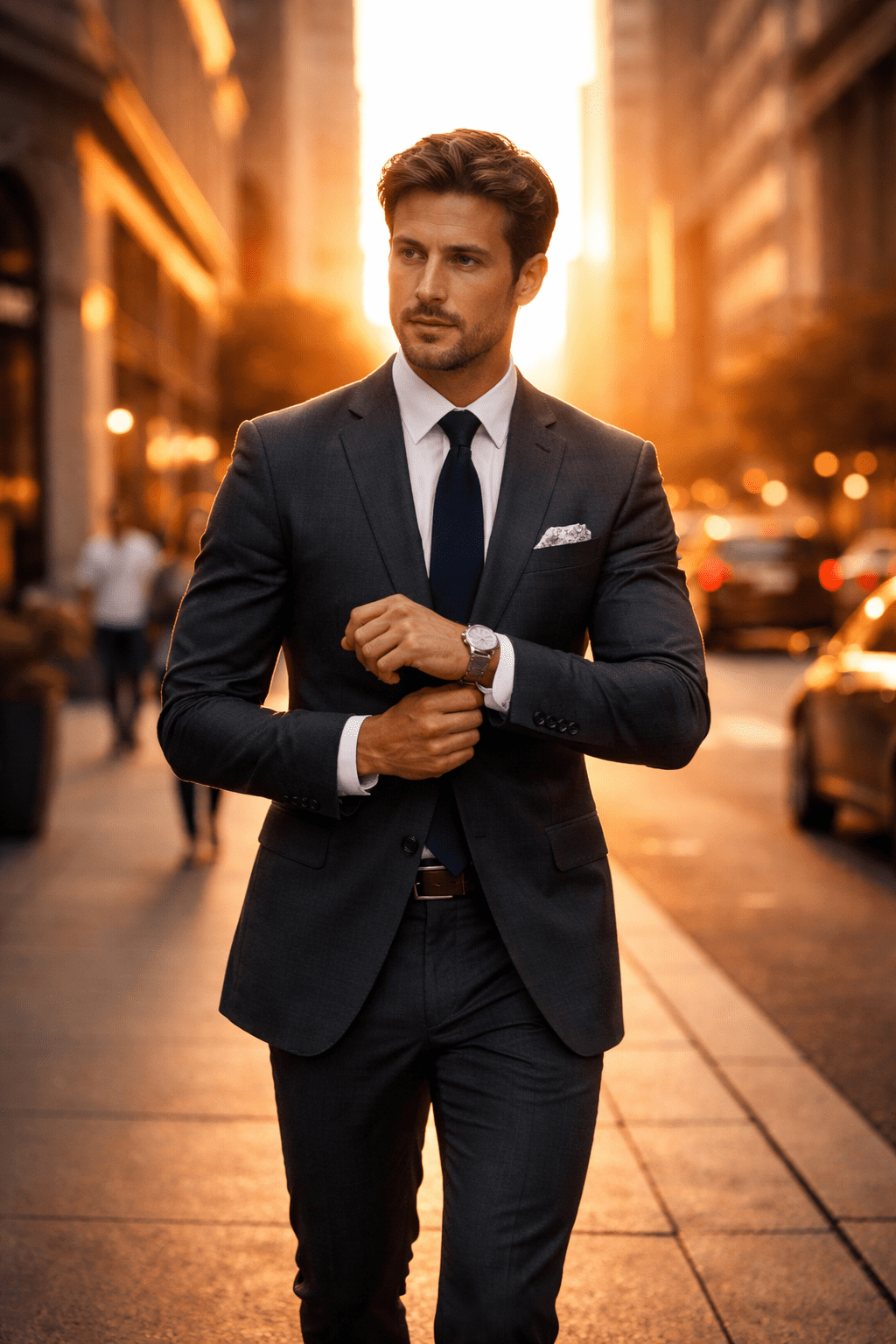 Homem de terno caminhando em uma rua movimentada da cidade, simbolizando o maçom atuando de forma ética na sociedade.